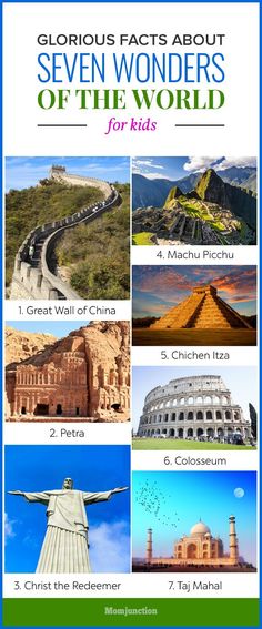 the seven wonders of the world for kids with pictures of different places and their names