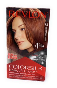 Revlon Colorsilk Haircolor, Light Reddish Brown 55 New in box; box has some cosmetic damage from shelf wear Revlon Colorsilk, Hair Color Shades, Permanent Hair Dye, Reddish Brown, Revlon, Keratin, Active Ingredient, Dyed Hair, Red Hair