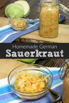 homemade german sauerkraut recipe in a glass bowl and on a wooden cutting board