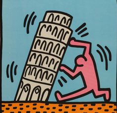 a drawing of a man leaning on the leaning tower