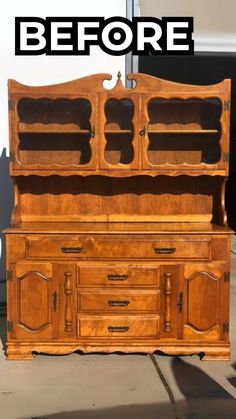 an old wooden china cabinet with the words before and after