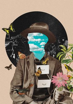 a collage of a man holding a box with flowers and butterflies around him, in front of a circular background