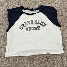 H&M Stare Club Sport, Never Worn, Perfect Condition, White, Navy Blue Sleeves Pinterest Wardrobe, H And M, Sport Top, Samsung Wallpaper, Tokio Hotel, Sports Top, Cute Shirts, White Blue, Blue White