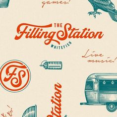 an advertisement for the filling station with different types of logos