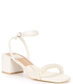 a women's white high heeled sandal with pearls