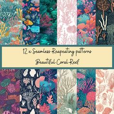 12 seamless reef patterns with corals and seaweed