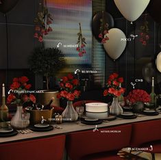 a table topped with lots of vases filled with red flowers and balloons in the background