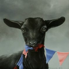 a painting of a black goat wearing a red, white and blue bow tie