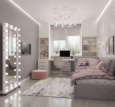 a bedroom with a bed, desk and mirror