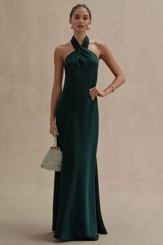 BHLDN Ruby Twist Halter Satin Gown | Anthropologie Different Bridesmaid Dresses, Emerald Green Bridesmaid Dresses, Dark Green Bridesmaid Dress, Emerald Bridesmaid Dresses, Winter Wedding Guest Dress, Black Tie Wedding Guests, Emerald Dresses, Maid Of Honour Dresses, Affordable Bridesmaid Dresses