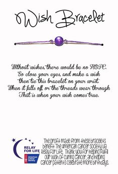 the wish bracelet is shown with an image of a purple bead on it's side