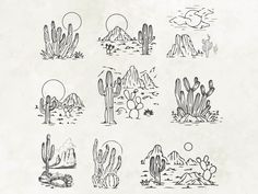 a bunch of cactus plants that are drawn in ink on a piece of white paper