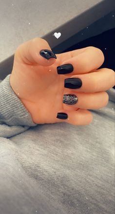 Cute Black Hoco Nails, Black Glitter Nails Halloween, Nails For Black Hoco Dress, Black And Silver Nails Coffin, Nails For Homecoming Black, Black Dipped Nails, Black Engagement Nails, Easy Black Nails, Black Acrylic Nails With Glitter