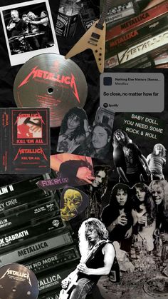 collage of rock and metal related items including cd's, cds, and stickers