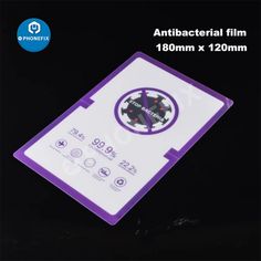 an antibacterial film is shown on the back of a purple and white poster