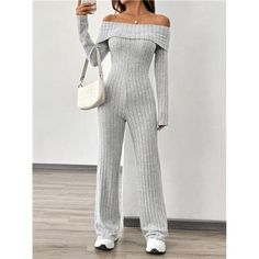 -Item Id 39210667 -Details: Rib-Knit -Neckline: Off The Shoulder -Sleeve Type: Regular Sleeve -Style: Casual -Waist Line: High Waist -Color: Grey -Pattern Type: Plain -Type: Other -Sleeve Length: Long Sleeve -Length: Long -Fit Type: Regular Fit -Fabric: Medium Stretch -Material: Fabric -Composition: 95% Polyester, 5% Elastane -Care Instructions: Machine Wash Or Professional Dry Clean -Body: Unlined -Sheer: No **Open To Offers!!!** **Bundle To Save More** **30% Off Bundles Of 2 Or More Items!!** Fitted Jumpsuits And Rompers For Fall Loungewear, Winter V-neck Jumpsuits And Rompers, Fitted Jumpsuits And Rompers For Winter, Casual Fitted Ribbed Jumpsuits And Rompers, Chic Winter Jumpsuits And Rompers For Loungewear, Knitted Jumpsuit, Boutique Pants, Clean Body, Long Sleeve Jumpsuit