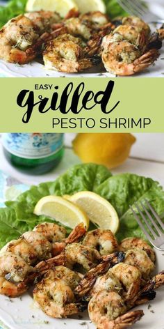 grilled pesto shrimp on a white plate with lettuce and lemon wedges