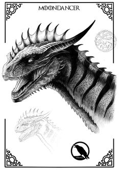 a black and white drawing of a dragon with its head turned to look like it is in