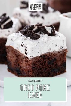 an oreo poke cake on a white plate with the title overlaying it