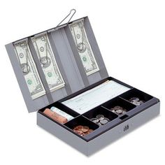 an open briefcase filled with money sitting on top of a table