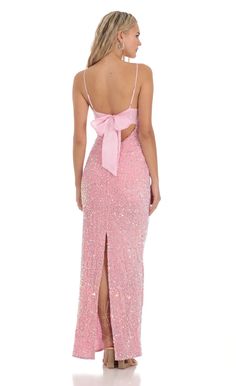 Velvet Sequin Back Bow Maxi Dress in Pink | LUCY IN THE SKY Los Angeles, Angeles, Pink Sparkly Prom Dress, 18th Birthday Dress, Sparkly Bridesmaid Dress, Crown Prom, Pink Sparkly Dress, Pink Bow Dress, Prom Queen