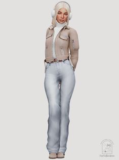 a woman with headphones standing in front of a white background wearing jeans and a jacket