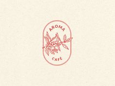 the logo for aroma cafe is drawn in red ink on white paper, with leaves and flowers