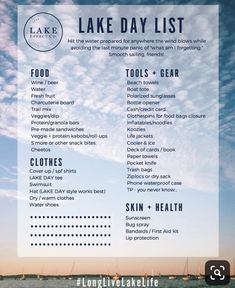 the lake day list is shown with boats in the water and blue skies above it