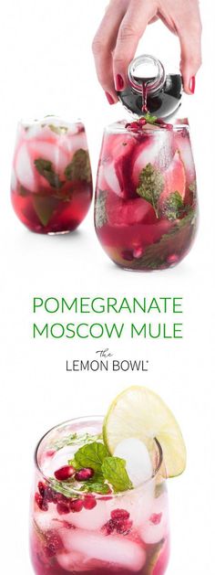 the recipe for pomegranate moscow mule is shown in two different glasses with lemons and mint