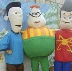 three cartoon characters standing next to each other