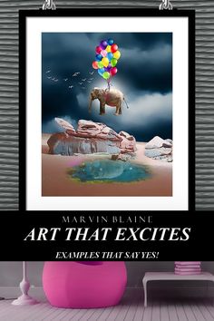 an elephant with balloons flying in the sky above water and rocks, is featured on a poster