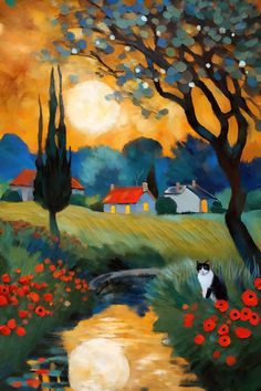 a painting of a cat sitting in the grass next to a river with poppies