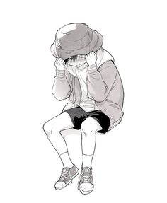 a black and white drawing of a person wearing a hoodie sitting on a bench