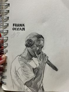 a drawing of a man holding a microphone in front of his face with the words frank ocean written on it