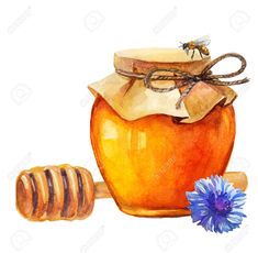 a watercolor painting of a jar of honey with a blue flower next to it