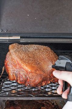 a person is using a meat thermometer to cook a steak