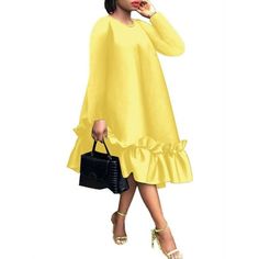 Package included: 1 Dress Material: 100%Polyester Color: Black,Green,Yellow Sleeve: Long Sleeve Pocket: No Size: S,M,L,XL,2XL,3XL,4XL,5XL Pattern: Solid Length: Calf-Length Features: Ruffled Style: Leisure,Holiday,Europe,Daily,Fashion Season:Spring,Autumn Occasion: Party,Holiday,Streetwear,Travel,Casual,Appointment Gender: female.  Age Group: adult. Sundress Long, Solid Color Dresses, Jumpsuits Casual, Vintage Sundress, Fancy Top, Church Clothes, Elegant Midi Dress, Beach Floral, Color Dresses