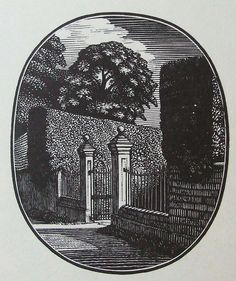 a black and white drawing of a gate in the middle of a park with trees