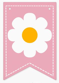 a pink banner with a white flower on the front and yellow center in the middle