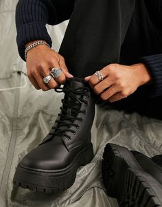 Shoes, Boots & Sneakers by ASOS DESIGN Cart-worthy find Pull tab for easy entry Lace-up fastening Round toe Chunky sole Lugged tread Lace Up Black Boots, Men’s Black Boots, Chunky Boots Men, Black Shoes Outfit Men, Combat Boots Aesthetic, Black Army Boots, Black Shoes Outfit, Emo Boots, Boots Men Outfit