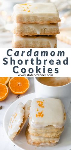 Plate of glazed square-shaped cookies stacked, with a cup of coffee and oranges next to it. Cardamom Shortbread, Orange Glaze, Glaze Recipe, Cookies Recipes Christmas, How Sweet Eats, Eat Dessert, Cookie Desserts