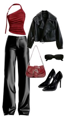 Red and black outfit | Leather pants outfit | ootd Fancy Outfits With Leather Pants, Leather Pants And Red Top Outfit, Red Top And Leather Pants, Black And Red Club Outfits, Red And Black Pants Outfit, Black White And Red Outfits Classy, Vegas Fits Winter, Streetwear Night Outfit, Night Club Outfits Pants