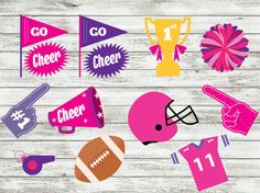 pink and yellow sports themed paper cutouts on wooden planks with the words go cheer