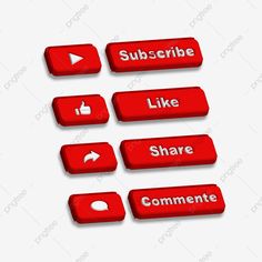 three red buttons that say subs, like share, comment and cursive