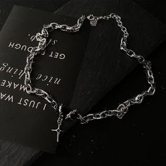 The model's height is 5' 7'' (170cm) and weighs 132 pounds (60kg) - Titanium Steel Black Metal Jewelry With Chain Strap, Black Link Chain Jewelry, Black Metal Jewelry With Chunky Chain, Trendy Black Chain Link Jewelry, Elegant Black Chain Link Jewelry, Black Pendant Necklace With Chain, Edgy Black Jewelry With Silver Chain, Black Chain Link Necklace, Black Chunky Chain Link Jewelry