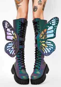 Club Exx Rainbow Reflective Iridescent Butterfly Wing Knee High Combat Boots | Dolls Kill Butterfly Boots, Rave Boots, Rave Girl Outfits, Holographic Accessories, Knee High Combat Boots, Iridescent Butterfly, Mystic Garden, Womens Thigh High Boots, Sparkly Party