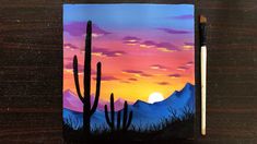 a painting of a desert scene with cactus trees and mountains in the background at sunset