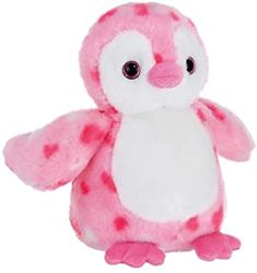 a pink and white stuffed penguin with polka dots on it's chest, standing upright