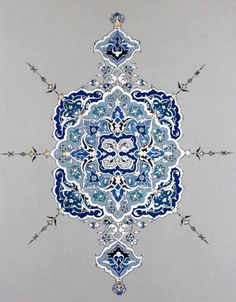 an intricate blue and white design on a gray background