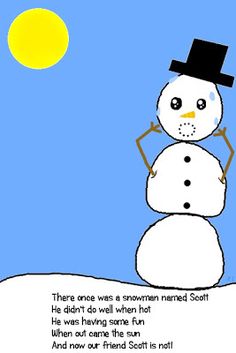 a snowman is standing in the snow with a hat on